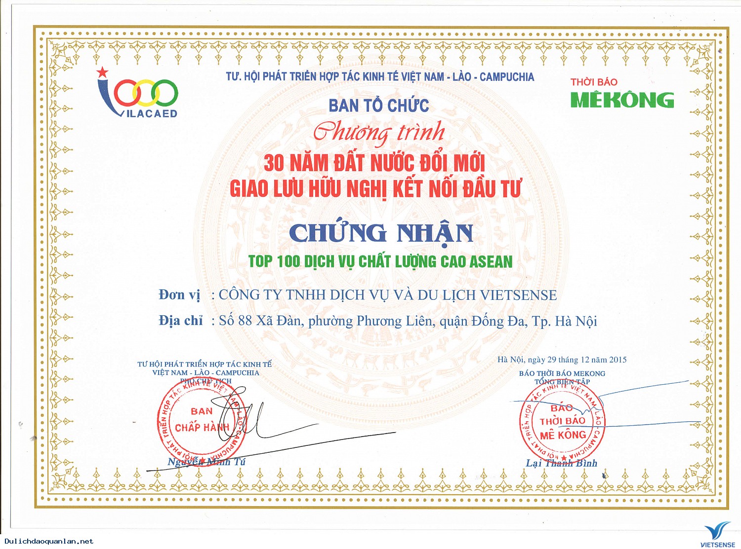 VIETSENSE TRAVEL ĐÓN NHẬN VINH DANH  TOP 100 SẢN PHẨM - DỊCH VỤ CHẤT LƯỢNG CAO ASEAN - Ảnh 1 VIETSENSE TRAVEL ĐÓN NHẬN VINH DANH  TOP 100 SẢN PHẨM - DỊCH VỤ CHẤT LƯỢNG CAO ASEAN - Ảnh 1